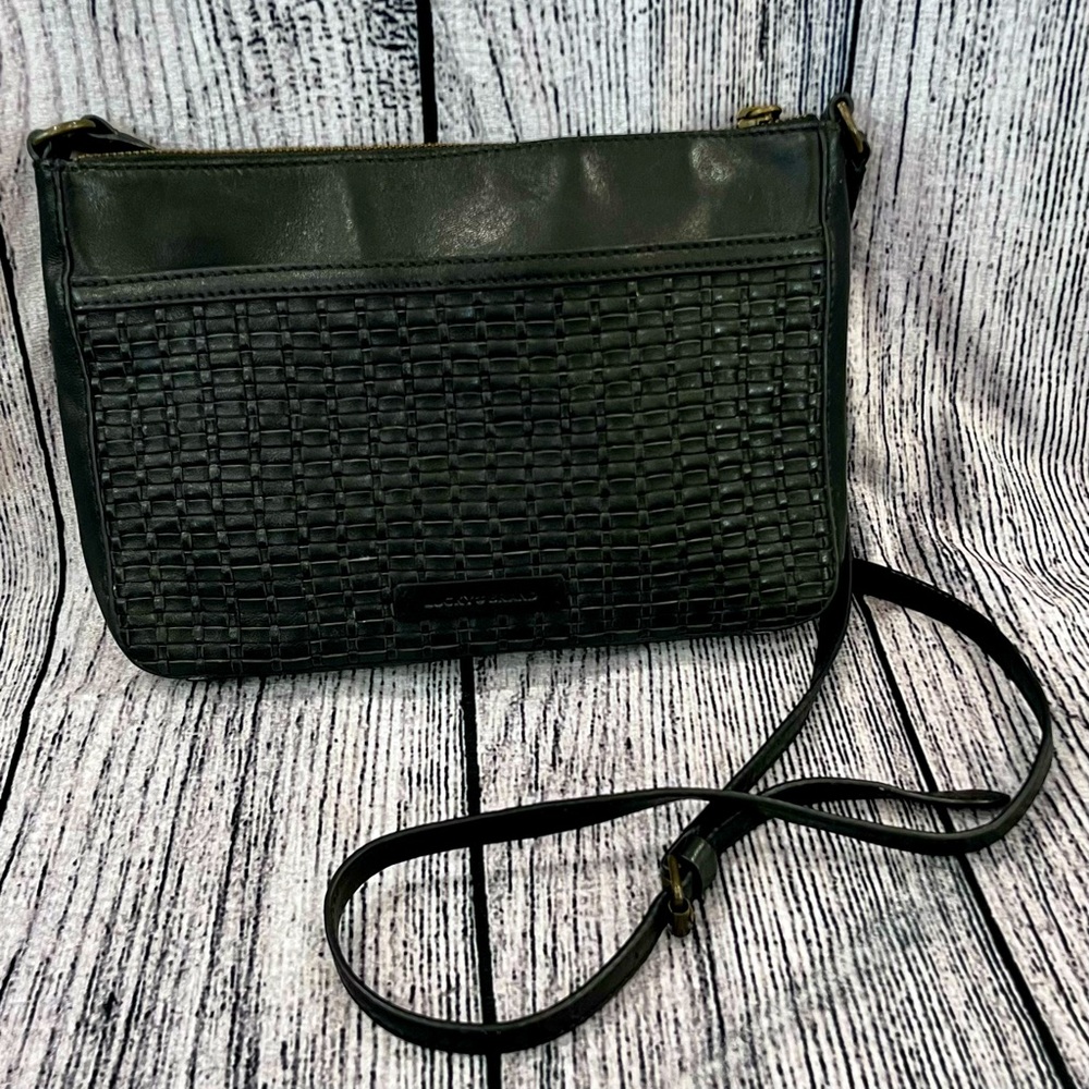 Lucky Brand Black Leather Crossbody Bag, Woven Front, Adj Strap, Zip Closure(s) - Picture 3 of 17